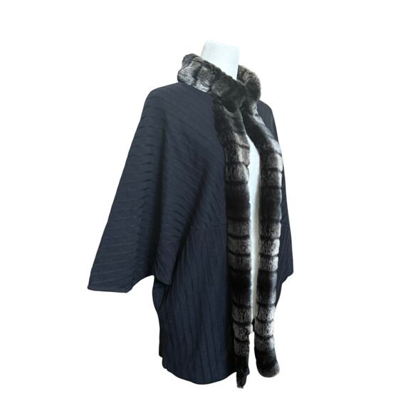 Ming Wang Open Knit Cardigan Women Large Black Faux Fur Trim Dolman Sleeves - Picture 3 of 11